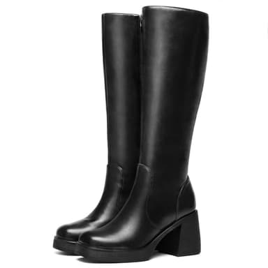 Choiran Black Knee High Boots for Women - Wide Calf Platform Tall Boots Square Toe Chunky Block Heeled Gogo Boots B 8.5 - Image 5