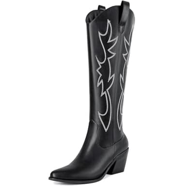 Mostrin Black Cowgirl Boots Embroidered Cowboy Boots for Women Almond Toe Mid Heel Pull On Zipper Western Fashion Knee High Boot Size 7.5 - Image 1