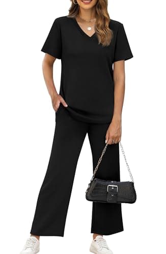 WIHOLL Summer Outfits For Women 2 Piece Lounge Matching Sets Workout Sets Spring Essentials Clothing Cruise Vacation Outfits Pajama Pants Activewear Black L - Image 2