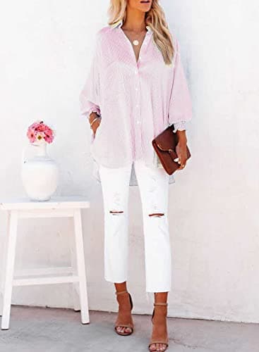 Womens Smocked Cuffed Striped Boyfriend Shirt Casual Collar Long Sleeve Oversized Button Down Blouse Tops with Pocket Shirred Pink - Image 4