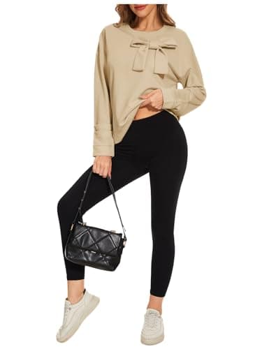 Cakulo 2025 Oversized Sweatshirts for Women Loose Fit Fall Fashion Crewneck Long Sleeve Casual Cute Bow Tunic Tops Khaki M - Image 8