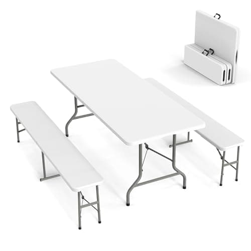 VINGLI Picnic Table Set with 2 Benches, 6 Feet Camping Table Chair Set,3-Piece Folding Furniture for Indoor or Outdoor Use, Smooth Tabletop, White - Image 1