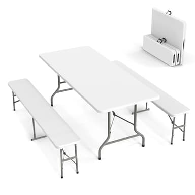 VINGLI Picnic Table Set with 2 Benches, 6 Feet Camping Table Chair Set,3-Piece Folding Furniture for Indoor or Outdoor Use, Smooth Tabletop, White - Image 1
