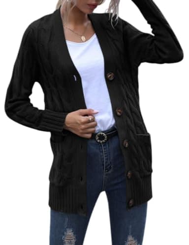 MEROKEETY Women's 2025 Fall Long Sleeve Cable Knit Cardigan Sweater Open Front Button Loose Outerwear Black - Image 3