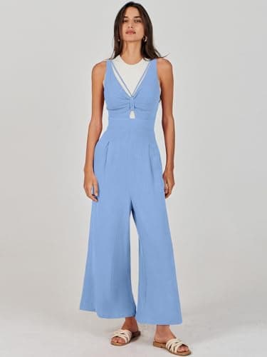 ANRABESS Women's Jumpsuits Summer Wide Leg Sleeveless V Neck Casual Dressy Linen Pants Rompers 2025 Vacation Beach Outfits Sky Blue Small - Image 5