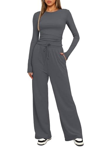 Darong Womens 2 Piece Outfit Long Sleeve Pullover Tops Wide Leg Pants Set Tracksuits 9065A Grey M - Image 3