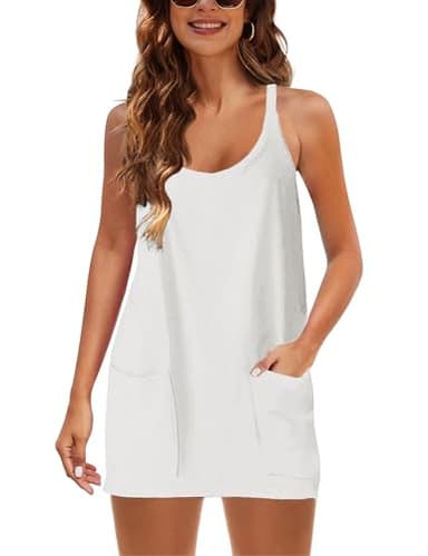 Faleave Women's Summer Sleeveless Mini Dress Athletic Dress Spaghetti Strap Short Tennis Dress with Pockets(White-M) - Image 3