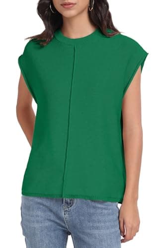 PrinStory Womens Summer Cap Sleeve Tops Casual Crew Neck Loose Fit Knit Lightweight Sweater Pullover Top Dark Green Large - Image 4