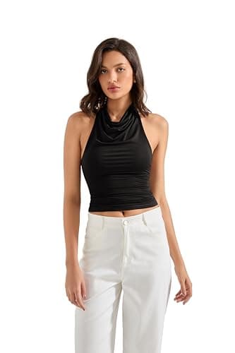 SUUKSESS Women Halter Backless Tank Tops Sexy Cowl Neck Summer Going Out Tops Sleeveless Camisole Top (Black,S) - Image 2