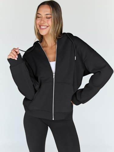 Trendy Queen Womens Zip Up Hoodies Oversized Sweatshirts Fall Fashion Outfits Sweaters Casual Jackets 2024 Winter Clothes Black M - Image 2