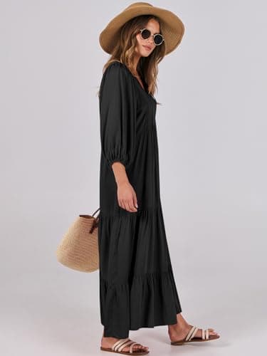ANRABESS Womens Boho Maxi Dresses 2025 Summer V Neck Puff Sleeve Floral Flowy Swing Fall Casual Long Dress Black Large - Image 3