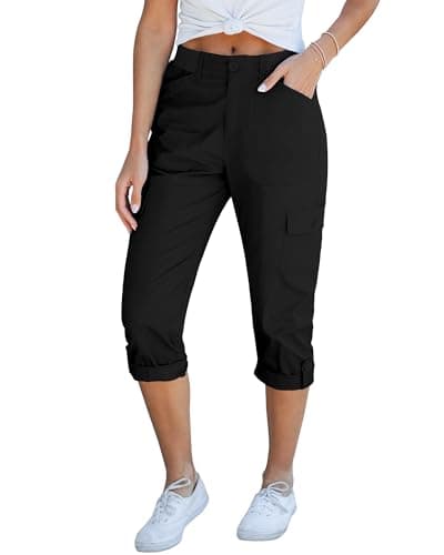 GRAPENT Pants for Women Womens Cargo Pants with Pockets Women Summer Clothes Short Pants for Women Lounge Pants Elastic Waist Women's Capris and Cropped Pants Color Black Large Size 12 Size 14 - Image 1
