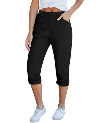 GRAPENT Pants for Women Womens Cargo Pants with Pockets Women Summer Clothes Short Pants for Women Lounge Pants Elastic Waist Women's Capris and Cropped Pants Color Black Large Size 12 Size 14 - Image 1