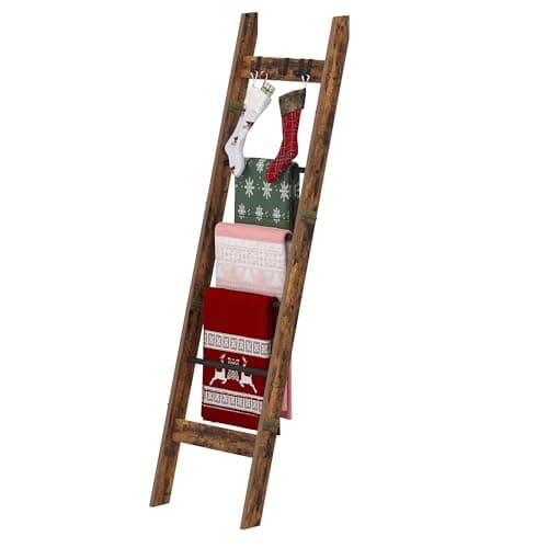 Hzuaneri Blanket Ladder for Living Room, Decorative Quilt Rack with 4 Removable Hooks, 5-Tier Farmhouse Ladder Holder Shelf Organizer for Bedroom, Rustic Brown and Black BR31501B - Image 1