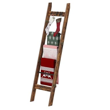 Hzuaneri Blanket Ladder for Living Room, Decorative Quilt Rack with 4 Removable Hooks, 5-Tier Farmhouse Ladder Holder Shelf Organizer for Bedroom, Rustic Brown and Black BR31501B - Image 1