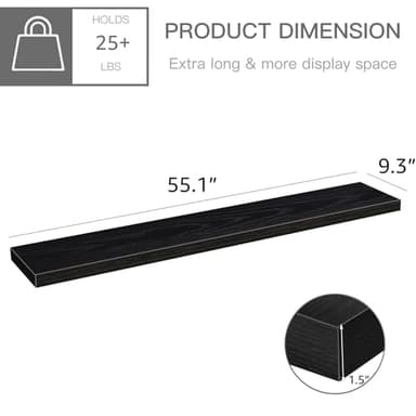 QEEIG Floating Shelves for Wall 55.1" Extra Long - Wall Mounted Shelf Bathroom Kitchen Living Room Bedroom Farmhouse Home Decor Display Bookshelf Large 55.1 x 9.3 inch Set of 2, Black (008-140B) - Image 3