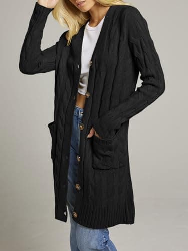 MEROKEETY Women's 2025 Long Sleeve Cardigan Sweater Fall Winter Cable Knit Open Front Button Long Outerwear, Black, L - Image 2