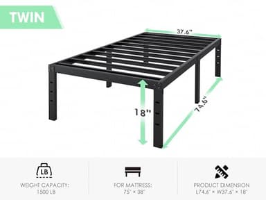QEROMY Twin Bed Frame - 18 in Sturdy Platform Bed Frame Twin Size, Heavy Duty Metal Bed Frame No Box Spring Needed, Quick & Easy Assembly, No Noise, Black - Image 2