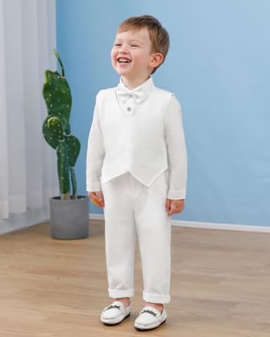 YALLET Baby Boy Clothes Suit Infant Boy Gentleman Outfits White Baby Christening Outfit Boy Dress Shirt+Bowtie+Vest+Pants Set for Wedding Party(Baby Baptism Outfits, 0-3 Months) - Image 3