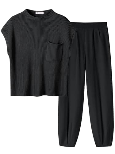 ANRABESS Women's Two Piece Outfits Knit Sweater Vest Crop Top Pants Lounge Matching Tracksuit Sweatsuit Travel Clothes Sets Black XX-Large - Image 1