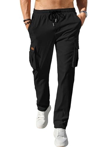 Comdecevis Men's Casual Cargo Pants Workout Joggers Stretch Sweatpants Hiking Drawstring Tactical Pants with Multi Pockets Black - Image 2