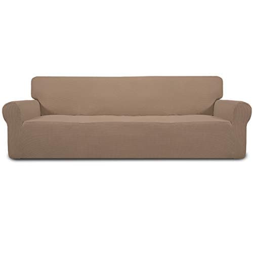 Easy-Going Stretch 4 Seater Sofa Slipcover 1-Piece Sofa Cover Furniture Protector Couch Soft with Elastic Bottom for Kids, Polyester Spandex Jacquard Fabric Small Checks Camel - Image 1