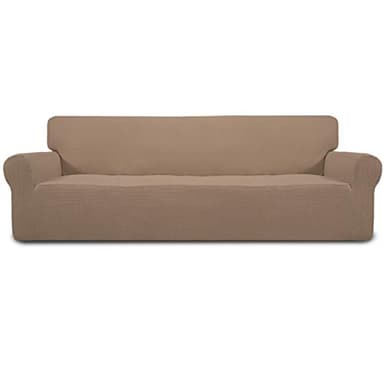 Easy-Going Stretch 4 Seater Sofa Slipcover 1-Piece Sofa Cover Furniture Protector Couch Soft with Elastic Bottom for Kids, Polyester Spandex Jacquard Fabric Small Checks Camel - Image 1