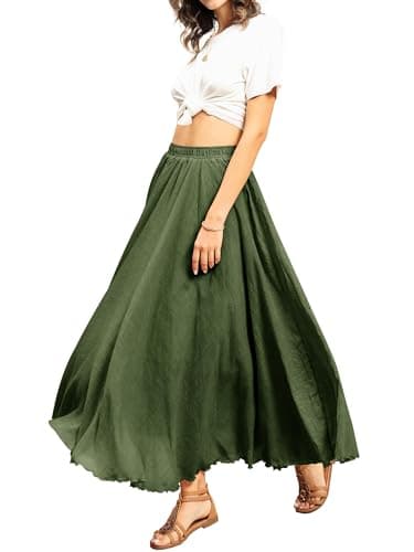 Ezcosplay Women Boho Maxi A Line Skirt Elastic Waist Summer Bohemian Flowy Long Beach Swing Skirts Army Green - Image 1