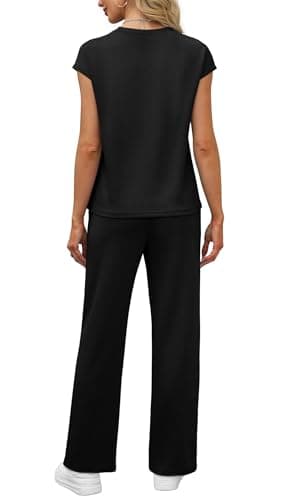 WIHOLL Workout Sets for Women 2 Piece Travel Airport Outfits on Plane Summer Business Casual Loungewear Ladies Cap Sleeve Wide Leg Pants Comfy Sets Resort Wear for Womens 2025 Clothing Black M - Image 5