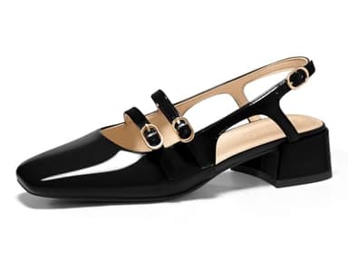 Coutgo Womens Mary Jane Chunky Low Heels Slingback Pumps Closed Square Toe Wedding Dress Shoes, Black, Size 8 - Image 1