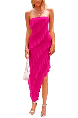 PRETTYGARDEN Summer Wedding Guest Dresses for Women 2025 Strapless Tube Ruffle Elegant Dinner Cocktail Long Dress (Rose Red,Small) - Image 1