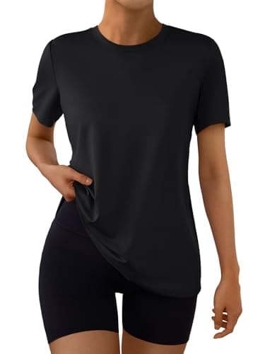 AUTOMET Women's Workout Tops Short Sleeve Gym Shirts Summer Athletic Yoga Tshirts Loose Fit Casual Clothes 2025 Black L - Image 1