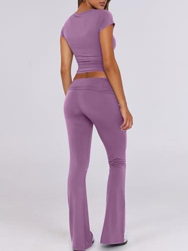 ANRABESS Lounge Sets for Women 2 Piece Foldover Yoga Flare Leggings Pants Crop Tops Casual Y2K Outfits Matching Tracksuit Set Nutmeg X-Large Purple - Image 4