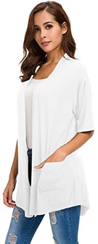ADANIKI Womens Short Sleeve Open Front Lightweight Casual Comfy Long Line Drape Hem Soft Modal Cardigans Sweater with Two Pockets (White, XL) - Image 5