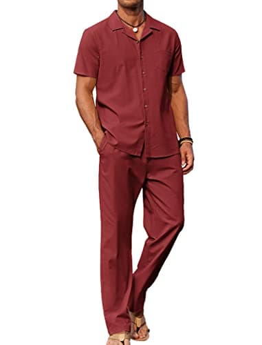 COOFANDY Men Linen Sets Outfits 2 Piece Beach Wedding Shirts Casual Loose Pants - Image 1