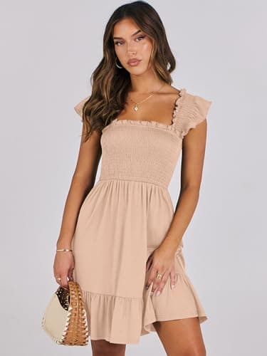 ANRABESS Women's Summer Casual Sleeveless Square Neck Dress 2025 Smocked Ruffle Backless Boho Beach Cute Teen Short Sundress Apricot Large - Image 3