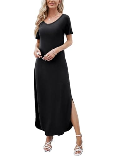 HUSKARY Womens Casual Pocket Beach Long Dress Short Sleeve Split Loose Maxi Dress, Black 01, X-Large - Image 4