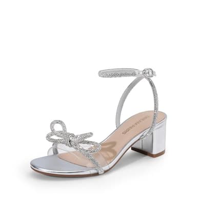 DREAM PAIRS Women's Double Bowknots Crystal Sandals Low Chunky Heels Clear Slingback Dress Shoes for Wedding Bridal Party,Size 9,Silver,DWUMHS2559 - Image 1
