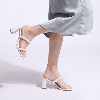Avidirk Pearl White Heels Sandals Women's Square Open Toe Heeled Sandals Two Strap Mules Slip On Block Chunky Mid Heeled - Image 6