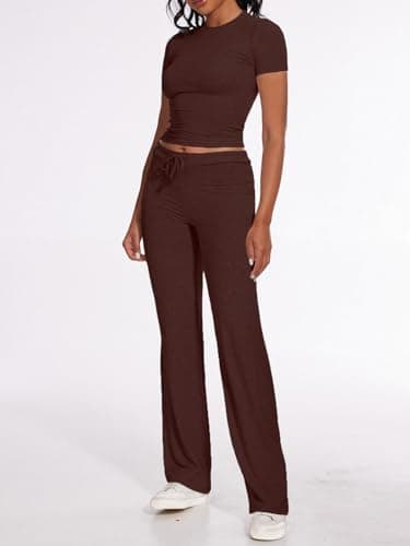AnotherChill Women's 2 Piece Lounge Sets Straight Leg Pants Set Short Sleeve Crop T-shirt Casual Outfits Comfy Loungewear (Chocolate, Medium) - Image 3