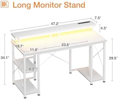 ODK 48 inch Gaming Desk with LED Lights & Power Outlets, Computer Desk with Monitor Stand & Storage Sheves, CPU Stand, Home Office Desk, White - Image 5