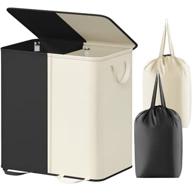 Lifewit Double Laundry Hamper with Lid and Removable Laundry Bags, Large Collapsible 2 Dividers Dirty Clothes Basket with Handles for Bedroom, Laundry Room, Closet, Bathroom, College, 136L White&Black - Image 1