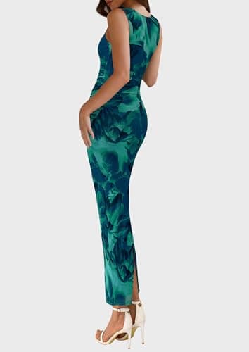 PRETTYGARDEN Wedding Guest Dresses for Women 2025 Summer Spring Floral Bodycon Sleeveless Mesh Maxi Long Dress(Lake Blue Floral,Medium) - Image 2