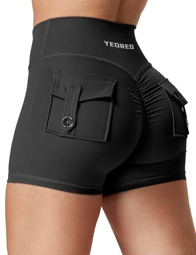 YEOREO Scrunch Workout Shorts with Pockets Charm Gym Biker Shorts for Women High Waisted Yoga Booty Shorts Black S - Image 1