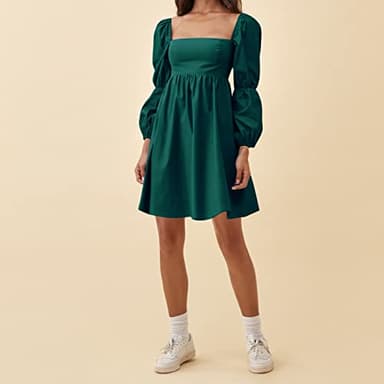 EXLURA Womens 2024 Casual Long Puff Sleeve Dress A-Line Square Neck Short Mini Dress Dark Green - Image 2