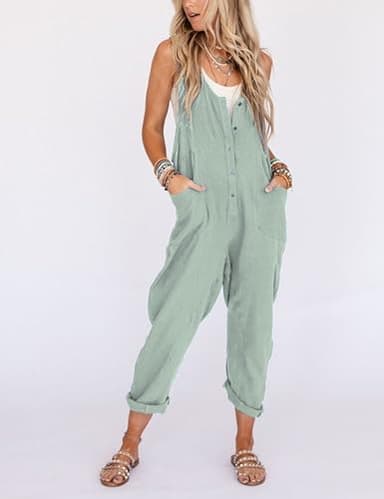 Yeokou Womens Overalls Linen Cotton Jumpsuits Loose Casual Jumpers with Pockets(LightGreen-M) - Image 3