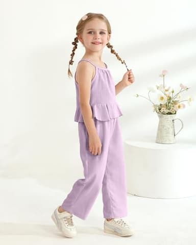 Little Girls Outfit 4t 5t Girl Clothes for Kids Ruffle Summer Lightweight Shirt Wide Leg Purple Linen Pants 2-Piece Cute Toddler Outfits Clothing Set - Image 3