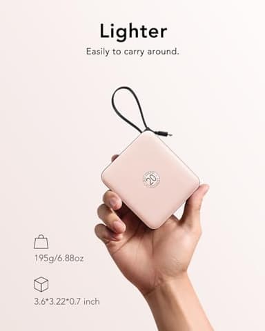 VRURC Mini Portable Charger, 22.5W USB C Fast Charging 10000mAh Pocket Power Bank with Built-in Cable, Battery Pack for iPhone 16 15 14 13 Samsung Galaxy S23 S22 Google Android, Pink(1 Pack) - Image 5