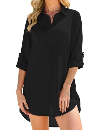 Swimsuit Coverups for Women, V Neck Bathing Suits Cover Ups for Women, 3/4 Sleeve Bikini Cover Up Beach Dress (XL, Black) - Image 1