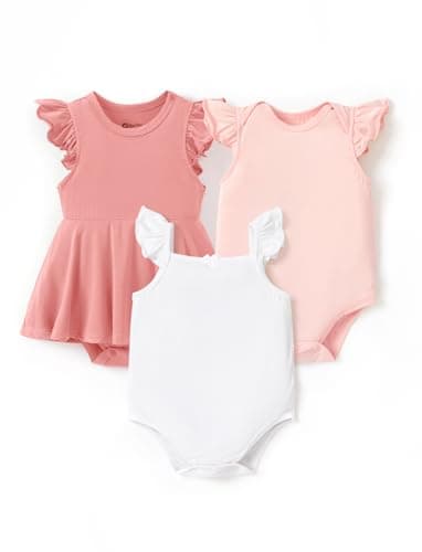 PATPAT Baby Girl Bodysuits 3 Pack – Soft Viscose for Bamboo Rayon Blend Infant Summer Clothes, Organic Rompers, Breathable Newborn Outfits,Baby Clothing Essentials Gift Registry Pink 3-6 Months